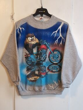 Vint. '97 Looney Tunes Taz Biker Crewneck Sweater mens XL